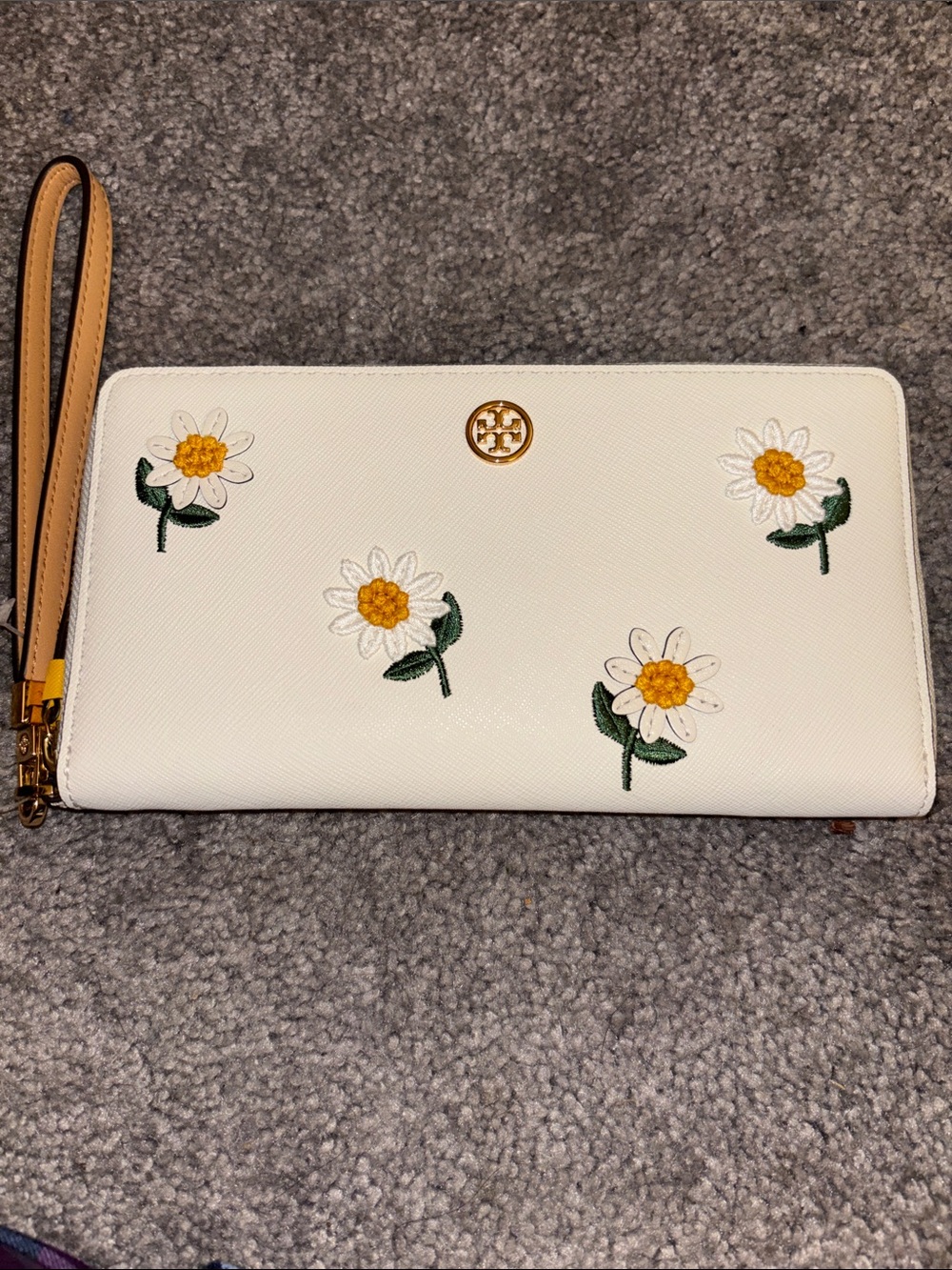 Tory Burch White Daisy-Embroidered Wristlet Wallet with Tan Strap